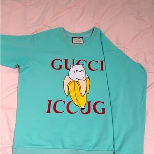 Gucci Aqua Blue Sweatshirt with Red Logo and Yellow Banana Graphic